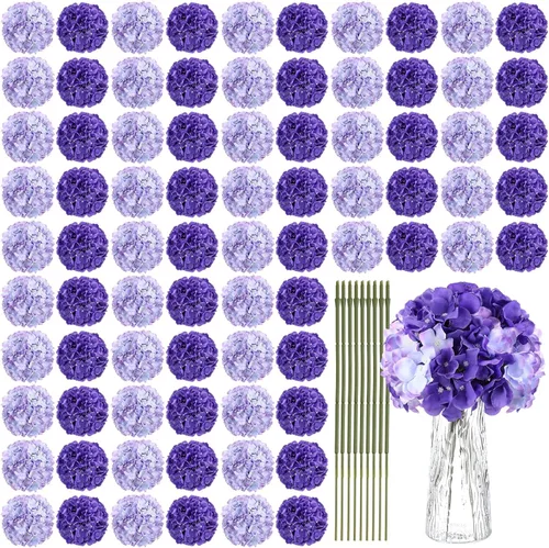 Vista 12 de Yunsailing 100 flores artificiales de hortensias con tallos de seda para centros de mesa de boda, ramo falso para decoración de fiesta de jardín
