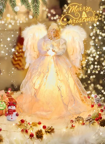 Vista 8 de Decoración para árbol de Navidad con luces, adorno de árbol de Navidad con alas de plumas blancas, árbol de Navidad enchufable para interiores