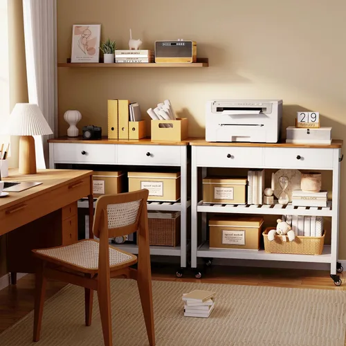 Vista 8 de Gizoon Carrito de isla de cocina con ruedas con mesa de madera de 40 pulgadas, 2 estantes de almacenamiento espaciosos y toallero, carrito