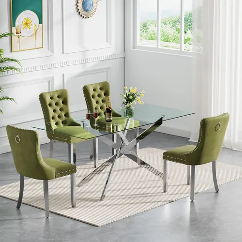 Vista 25 de SSLine Moderno juego de mesa de comedor de cristal dorado de 5 piezas para 4 mesas de cocina y sillas rectangulares de lujo de vidrio para 4, mesa