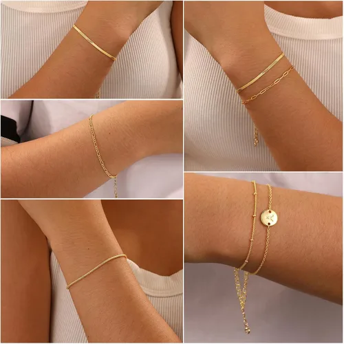 Vista 3 de Pulseras de oro para mujer, 6 piezas chapadas en oro real de 14 quilates con letras A-Z apilables para ajustable de 6 pulgadas + 2 pulgadas