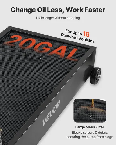 Vista 3 de VEVOR Bandeja de drenaje de aceite de perfil bajo, bandeja de cambio de aceite de metal de 20 galones, carrito de drenaje de aceite eficaz con bomba