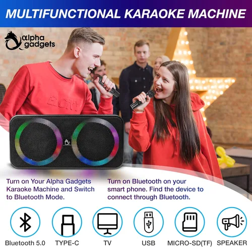 Vista 6 de Máquina de karaoke para adultos y niños con 2 micrófonos inalámbricos, máquina kareokee con Bluetooth y micrófono inalámbrico para adultos, altavoz