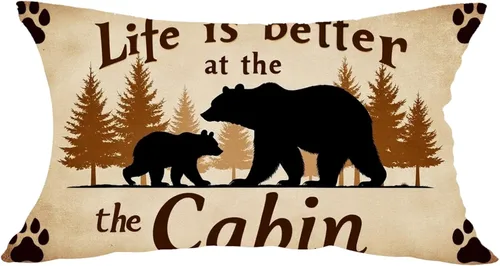 Life is Better at The Cabin - Funda de almohada lumbar decorativa con diseño de oso negro, árboles marrones, otoño, silla, sofá, cama, decoración