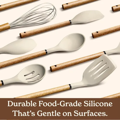Vista 4 de Country Kitchen Juego de utensilios de silicona antiadherente con asas redondeadas de madera para cocinar y hornear, juego de 8 piezas, caqui
