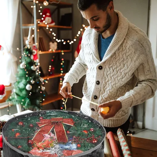 Vista 6 de ProPik Bolsa de almacenamiento para corona de Navidad de 30 pulgadas, contenedor navideño con ventana transparente, tela resistente a desgarros