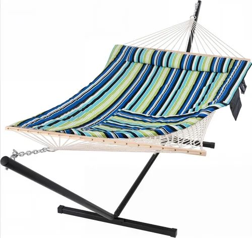 Vista 16 de SUNCREAT Hamaca doble para exteriores con soporte incluido, hamaca portátil de cuerda de algodón para 2 personas para exteriores, patio, jardín