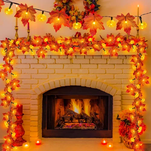 Vista 5 de Guirnalda de otoño con luces de calabaza, 30 pies, 60 luces LED patentadas, hojas de arce ampliadas, funciona con pilas, para interiores