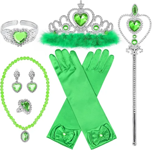 Vista 10 de Accesorios de disfraz de princesa, guantes de princesa, BIBUTY juego de 7 piezas para niñas pequeñas con corona de princesa, varita, guantes