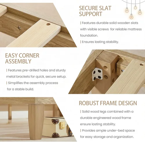 Vista 5 de Marco de cama tamaño Queen, marco de cama de plataforma de madera con listones y patas de madera maciza, sin ruido, no necesita somier, fácil