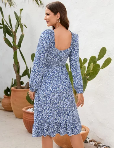 Vista 5 de KOJOOIN Vestido midi de manga abombada con cintura fruncida y estampado floral para mujer, vestido acampanado con dobladillo con volantes