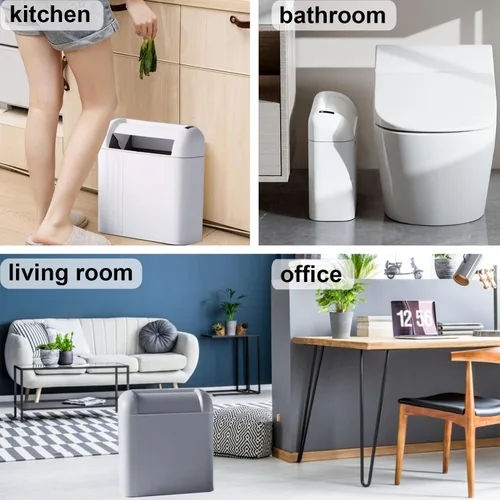 Vista 6 de LALASTAR Basurero automático, pequeño bote de basura para baño con tapa, cubo de basura delgado sin contacto, con sensor de movimiento estrecho