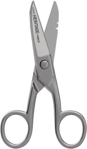 Vista 7 de Klein Tools Tijeras de precisión multiusos 100CS, fabricadas en Estados Unidos, tijeras niqueladas de 5.25 pulgadas, punta roma y muescas de pelado