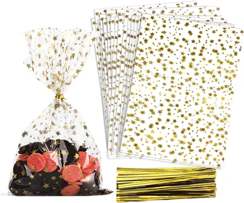 Vista 15 de COQOFA 100 piezas de bolsas de regalo con sello autoadhesivo impresas con estrellas, bolsas de celofán para envolver regalos, bolsas para sorpresas