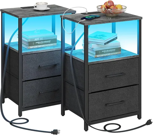 Vista 19 de TUTOTAK Mesa auxiliar con estación de carga, mesa auxiliar con 2 puertos USB y tomacorrientes, mesita de noche con cajón de tela, juego de 2, mesa
