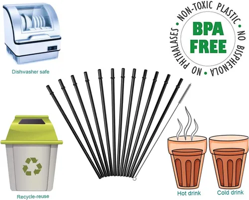 Vista 7 de DAKOUFISH Pajitas de repuesto de plástico reutilizables de 6 pulgadas para mini tarros de 6 onzas y 8 onzas, juego de 12 popotes con cepillo de Negro