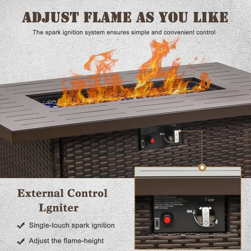 Vista 4 de Mesa de Fogata de Propano, 44 Pulgadas 55000 BTU Fogata de Gas Exterior Rectangular con Protector de Viento de Vidrio para Patio y Terraza Exterior