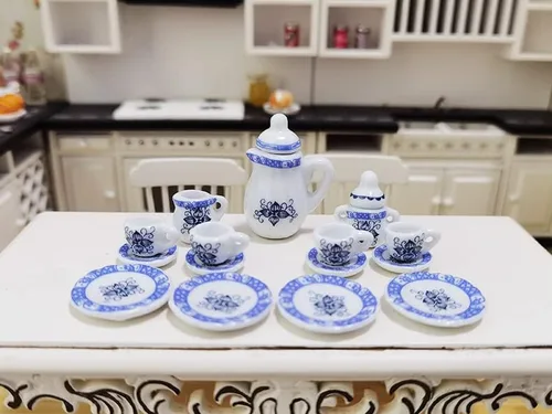 Vista 2 de Juego de 15 tazas de té de porcelana en miniatura 112, mini accesorios de cocina para mini suministros de casa (flor azul)
