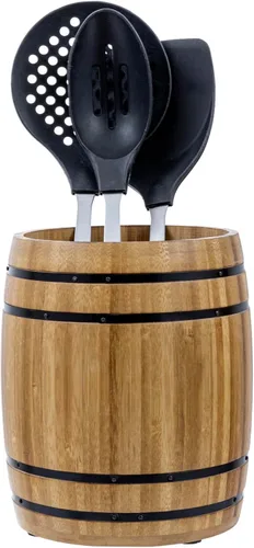 Vista 8 de MyGift Crock para Utensilios de Cocina con Diseño de Barril de Vino, Soporte de Herramientas de Cocina de Madera Quemada Vintage Rústica