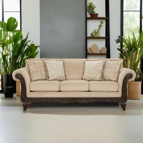 Vista 2 de Roundhill Furniture Hernen - Juego de sala de estar de 2 piezas, sofá con marco de madera tallada y sofá biplaza, trigo beige