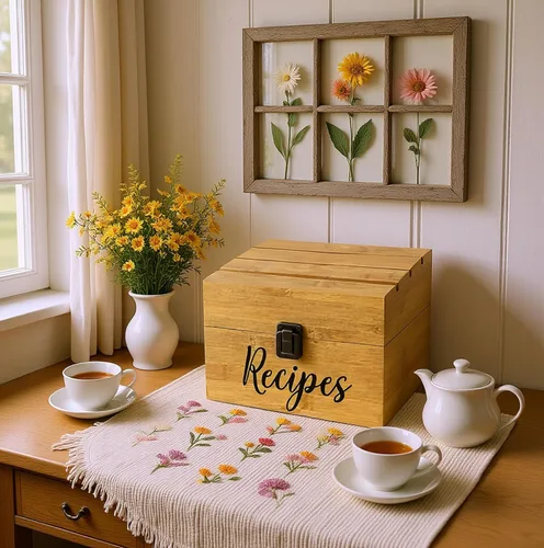 Vista 4 de Caja de almacenamiento para tarjetas de recetas de 4 x 6 pulgadas, soporte para teléfono/tableta/tarjetas en la parte superior del baúl de madera