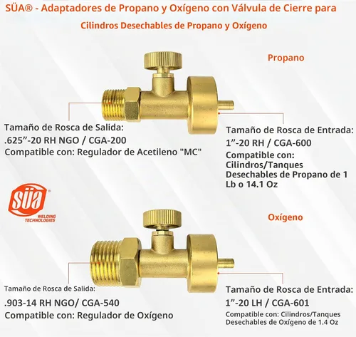Vista 3 de SÜA - Adaptador de oxígeno con válvula - CGA-601 (tanque de 1.4 onzas/recipiente) a CGA-540 (regulador de oxígeno)