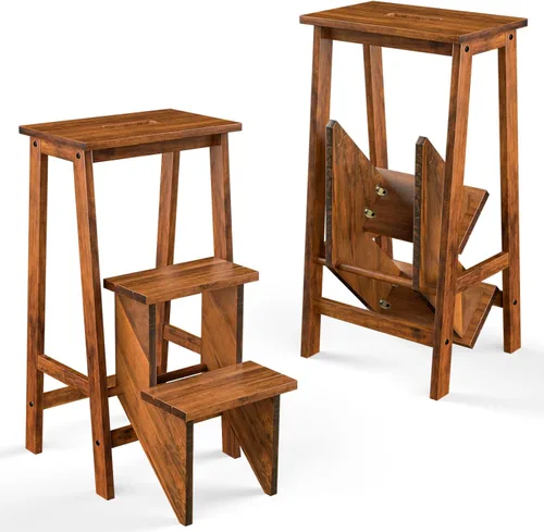 Vista 11 de Taburete plegable de madera de 3 escalones, escalera antideslizante portátil, escalera plegable de madera, estante de flores multifuncional y silla