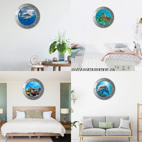 Vista 3 de OTDCGI Calcomanías adhesivas redondas 3D para ventana de ojo de buey de 11 pulgadas, tema oceánico (tortuga marina, tiburón, delfín), calcomanías