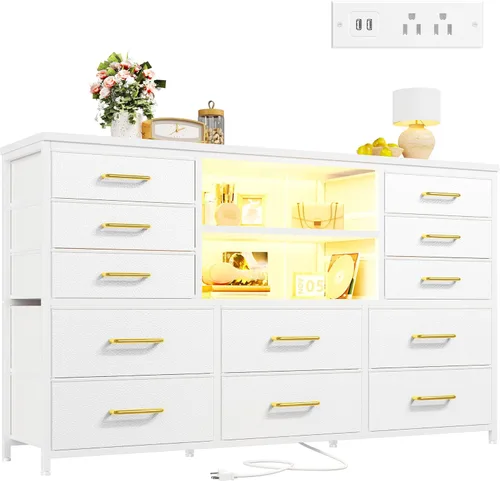 Vista 11 de EnHomee - Cómoda negra con luces LED y estación de carga, soporte de TV para televisor de 60 pulgadas, cómodas anchas y cómodas con estantes