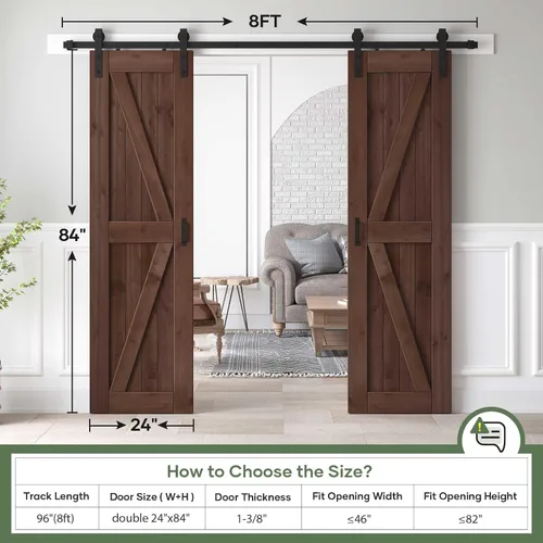 Vista 6 de Losa de puerta corrediza de madera de granero de 48 x 84 pulgadas (puerta doble de 24 x 84 pulgadas) con kit de herramientas y mango de 8 pies