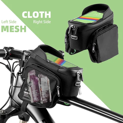 Vista 2 de ROCKBROS Soporte para teléfono de bicicleta con bolsas laterales (hasta 2 L), bolsa de marco de bicicleta, bolsa de montaje para teléfono