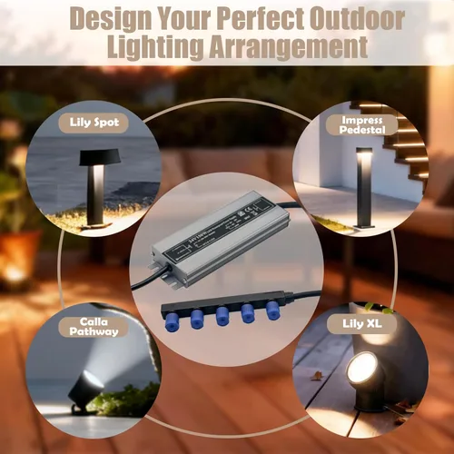 Vista 3 de Fuente de alimentación impermeable de 24 V 150 W, salida de 5 cabezales LED para exteriores compatible con Philips Hue Lily Spot, Lily XL, Calla