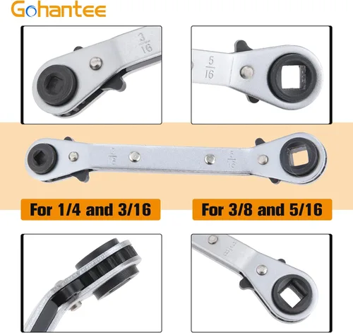 Vista 4 de gohantee Llave de trinquete de refrigeración de 4 tamaños diferentes, 1/4 x 3/16 cuadrada x 3/8 x 5/16 cuadrada para aire acondicionado