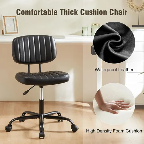 Vista 3 de DUMOS - Silla pequeña sin brazos para escritorio de casa con respaldo bajo y soporte lumbar, silla de computadora de altura ajustable con cuero