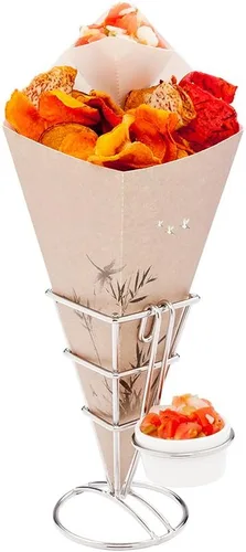 Vista 7 de Restaurantware Soporte para papas fritas de 4 x 5 pulgadas, 1 soporte para freír – con 2 soportes para salsas, soporte de cono de acero inoxidable