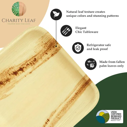 Vista 9 de Charity Leaf Bandejas redondas desechables de hoja de palma de 13 pulgadas de profundidad (10 piezas) Platos de servir tipo bambú, tablas