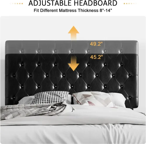 Vista 4 de SHA CERLIN Base de cama de plataforma tamaño Queen con cabecera capitoné con botones, base de colchón tapizada de piel sintética, soporte de Negro
