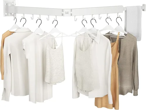 Vista 12 de Kelisiting Tendedero de Ropa de Montaje en Pared, Plegable de 2 Pliegues y Resistente, Tendedero de Lavandería para Montaje en Pared, [Sin Taladrar]