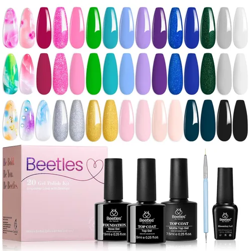 Vista 29 de Beetles - Juego de esmaltes de uñas de gel, 20 colores, rosa, blanco, negro, amarillo, rojo, kit de esmalte de gel con purpurina con calcomanías