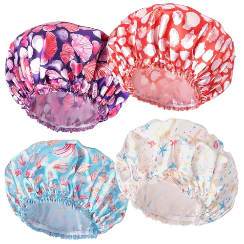 Vista 23 de Gorras de ducha para mujer, 4 piezas de gorros de baño elásticos y reutilizables, gorro de ducha de doble capa reutilizable e impermeable, gorros