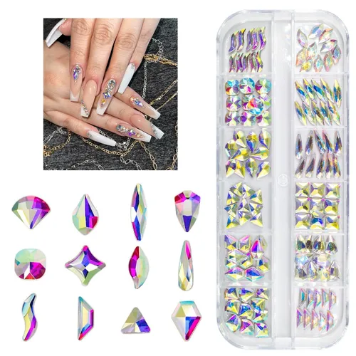 Vista 32 de 120 diamantes de imitación para uñas Aurora transparentes con luz de luna, 12 formas, gemas grandes, diamantes de imitación de parte trasera plana