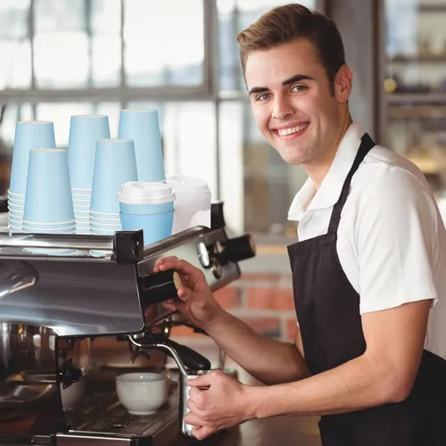 Vista 4 de Patelai 48 piezas de tazas de café desechables de 12 onzas con tapas y asas al por mayor, taza de papel aislada para chocolate caliente para bebidas