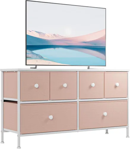 Vista 8 de EnHomee Cómoda rosa para dormitorio con 6 cajones, cómoda ancha y cómoda, unidad organizadora con cómoda de tela, soporte de TV para dormitorio
