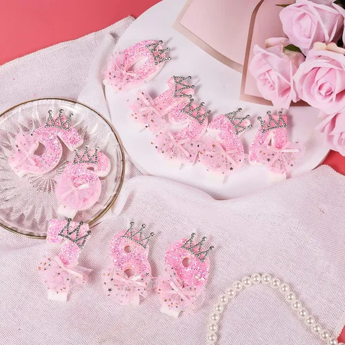 Vista 6 de Velas de número de cumpleaños, velas de malla con lazo de corona de 2.95 pulgadas, velas de números rosas con purpurina, velas de cumpleaños