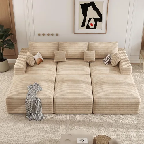 Vista 15 de Sofá cama seccional modular de 113", sofás de nube convertibles para sala de estar con otomana, juego de sofá cama de pana sin estructura de 6 Gris