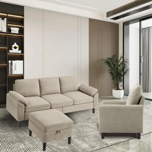 Vista 6 de Juego de sofá modular de 2 piezas para sala de estar, sofá convertible moderno de lino en forma de L de 79 pulgadas con otomana móvil y silla