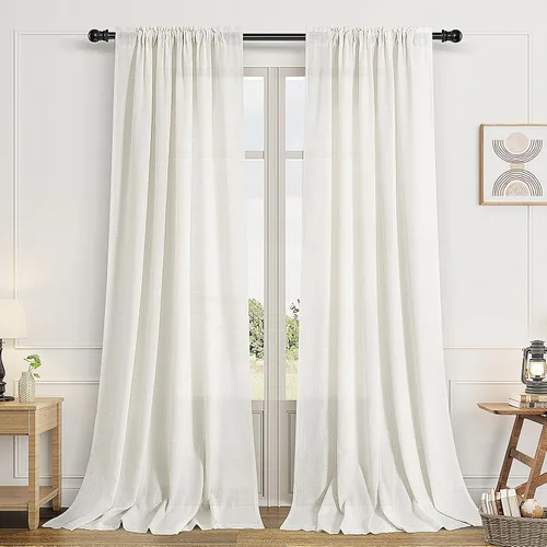 Vista 57 de Guken Cortinas de lino verde aguamarina de 84 pulgadas de largo, juego de 2 paneles semitransparentes con bolsillo para barra para comedor