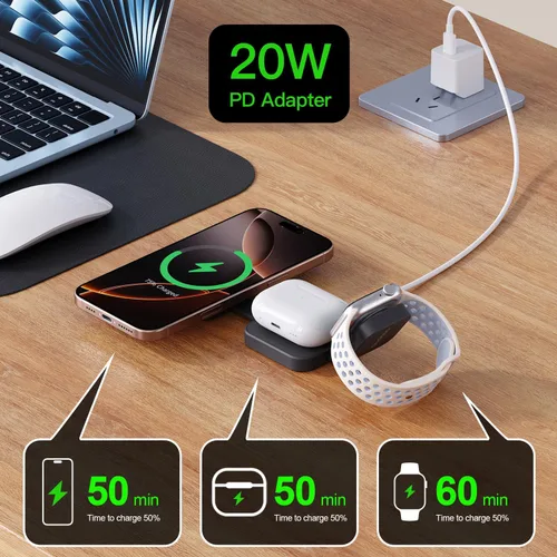 Vista 3 de Estación de carga inalámbrica plegable 3 en 1 para iPhone 16 Pro Max 2026 para cargador magnético MagSafe, soporte de viaje de 20 W carga múltiples
