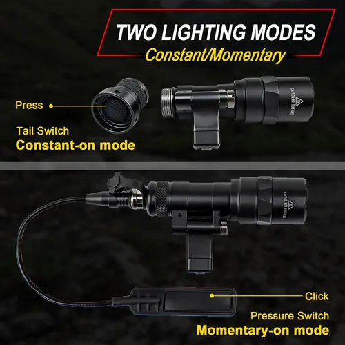 Vista 6 de Linterna táctica para montaje en riel Picatinny/Mlok, luces LED de 500 lúmenes para armas para rifles, linterna de rifle con interruptor de presión
