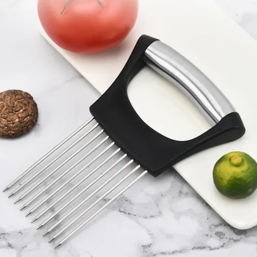 Vista 8 de Soporte de cebolla de acero inoxidable, nuevo soporte para verduras para rebanar, multifuncional para frutas y verduras, herramienta para carne
